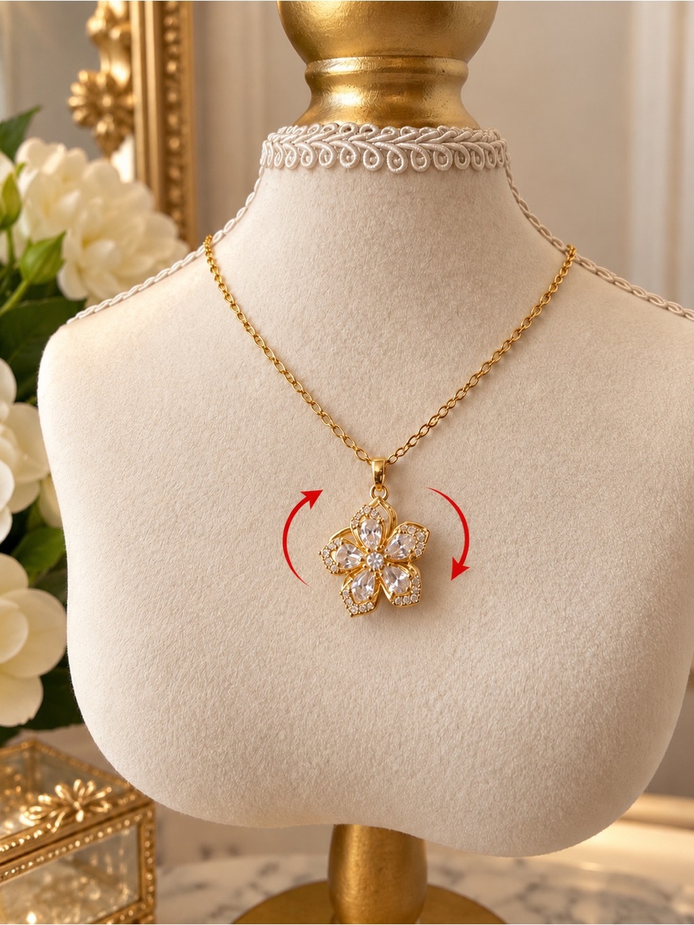 Gold Flower  Crystal Pendant Necklace